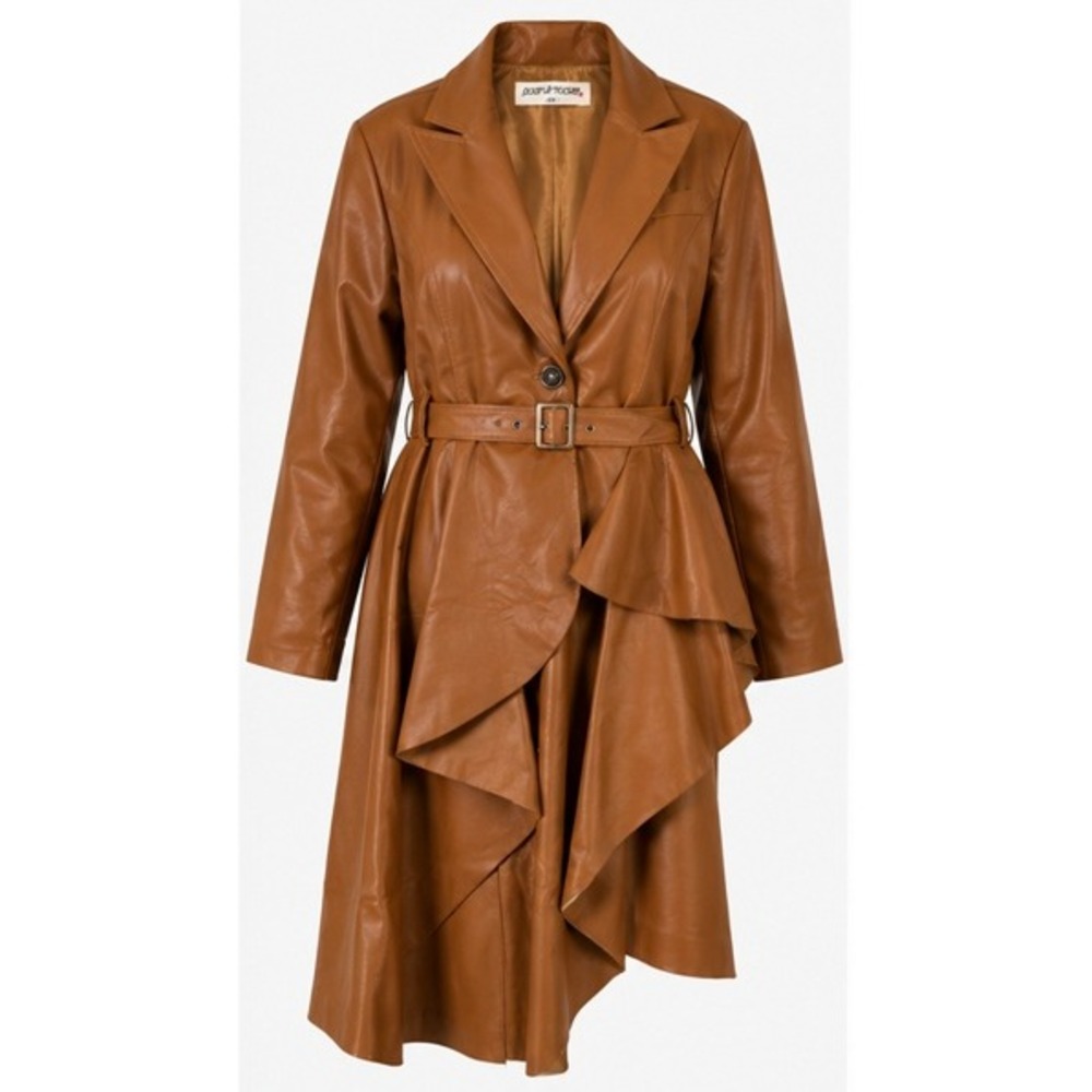 Posh Shoppe Faux Leather Asymmetrical Ruffle High/Low Coat Brown 2XL Vegan